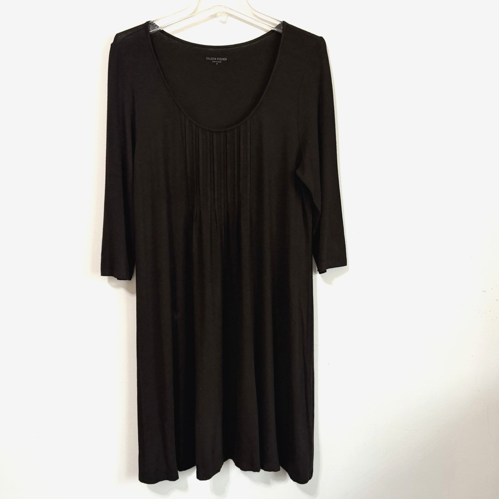 Eileen Fisher Stretch Knit Dress M Brown Pintuck 3/4 Sleeve V Neck Pullover Soft